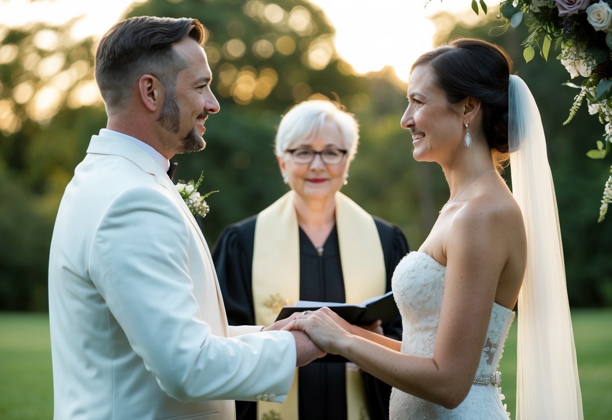 A humanist celebrant stands before a couple, officiating their wedding ceremony in a peaceful outdoor setting