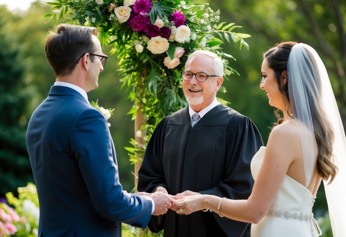 A humanist celebrant officiates a wedding ceremony in a beautiful outdoor setting, surrounded by lush greenery and blooming flowers