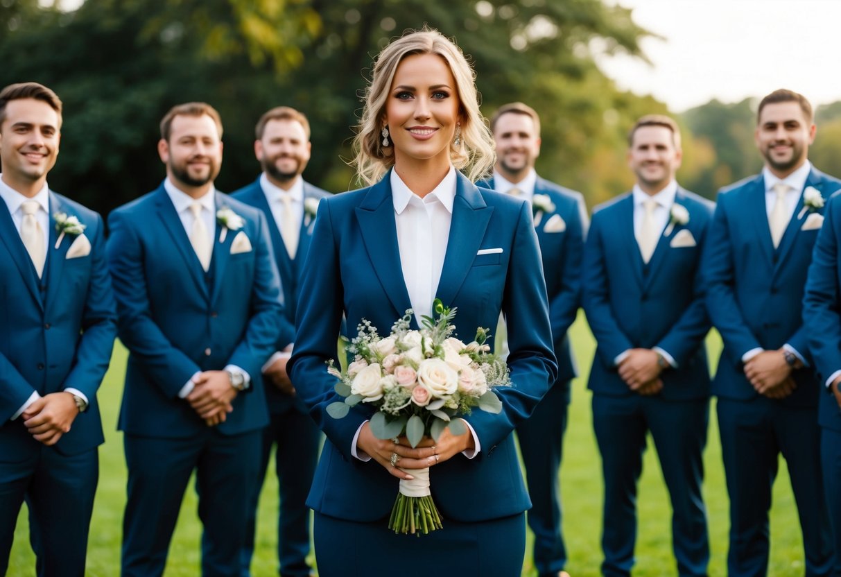 A woman in a formal suit stands among a group of groomsmen, holding a bouquet of flowers