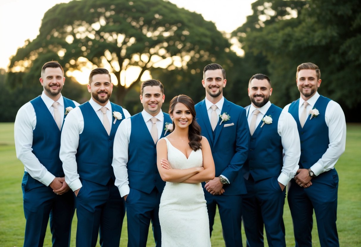 A group of wedding party members standing together, with a woman confidently standing among the groomsmen