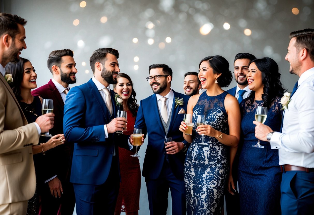 A group of modernly dressed individuals gather for a groom's party, including a mix of men and women. They discuss plans and laugh together