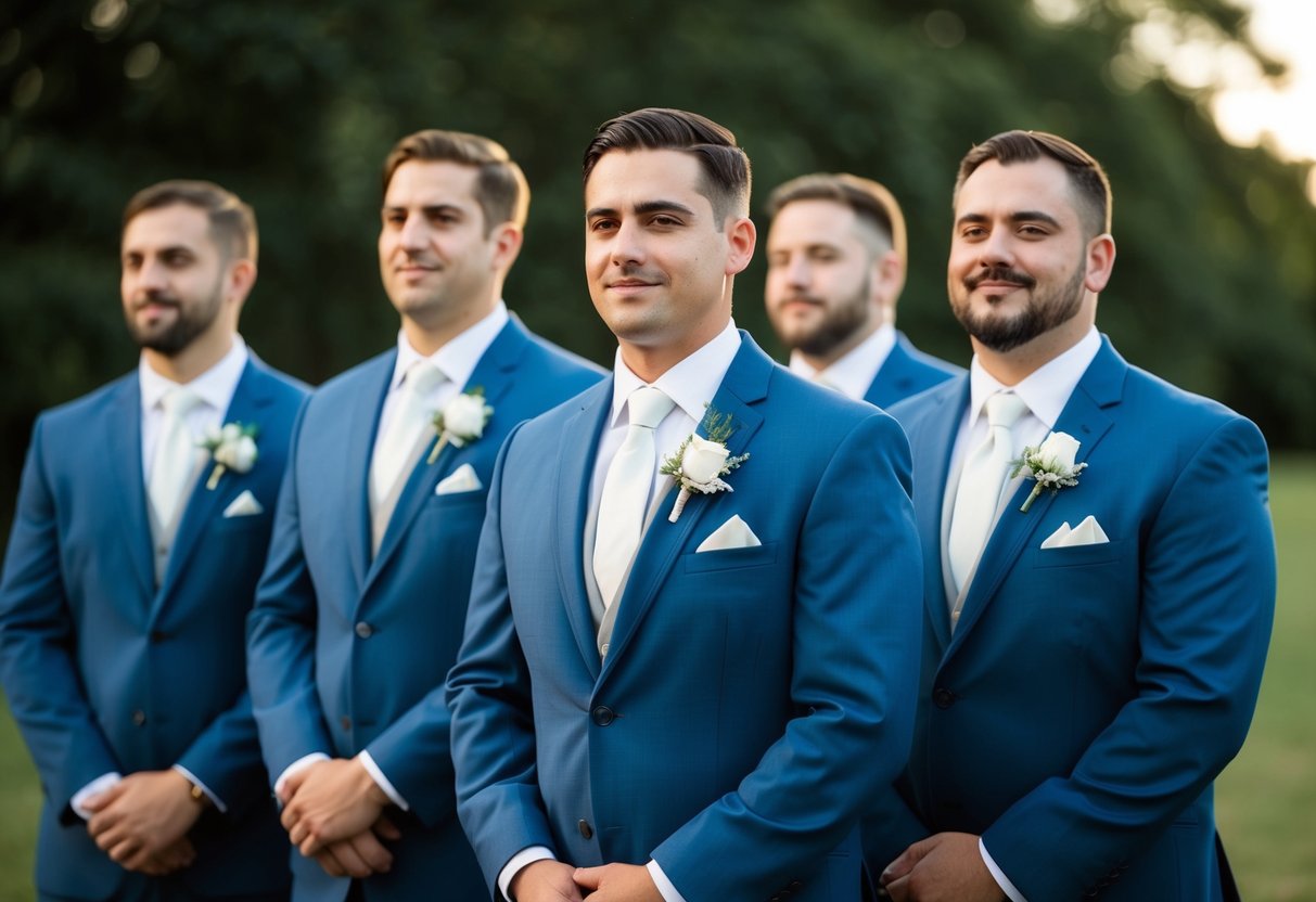 A group of groomsmen stand in a line, wearing matching suits and ties. They are well-groomed and confident in their presentation