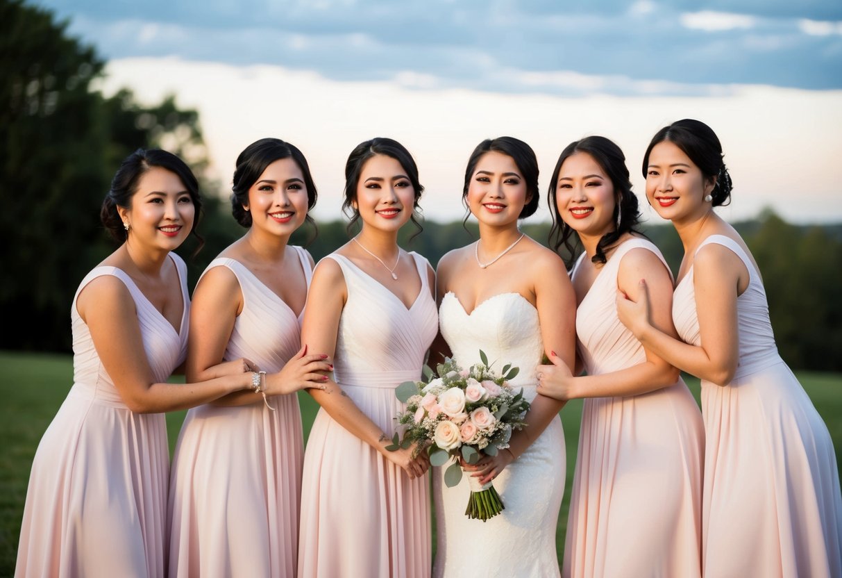 A group of women in matching dresses pose together, one standing slightly apart from the others, holding a bouquet