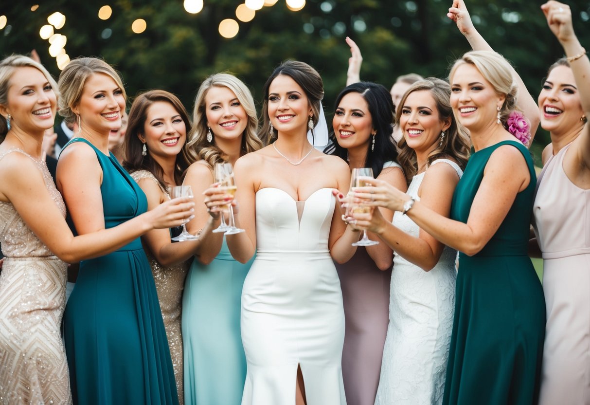 A group of women in elegant dresses stand together, one in the center wearing a slightly different dress, surrounded by others smiling and celebrating