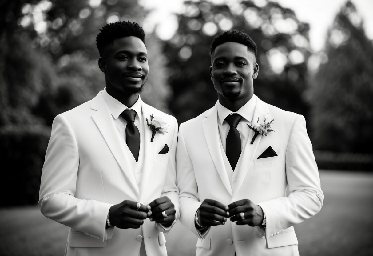 Two figures stand side by side, both holding the groom's ring. They share a proud and supportive demeanor, symbolizing their roles as best men at the wedding