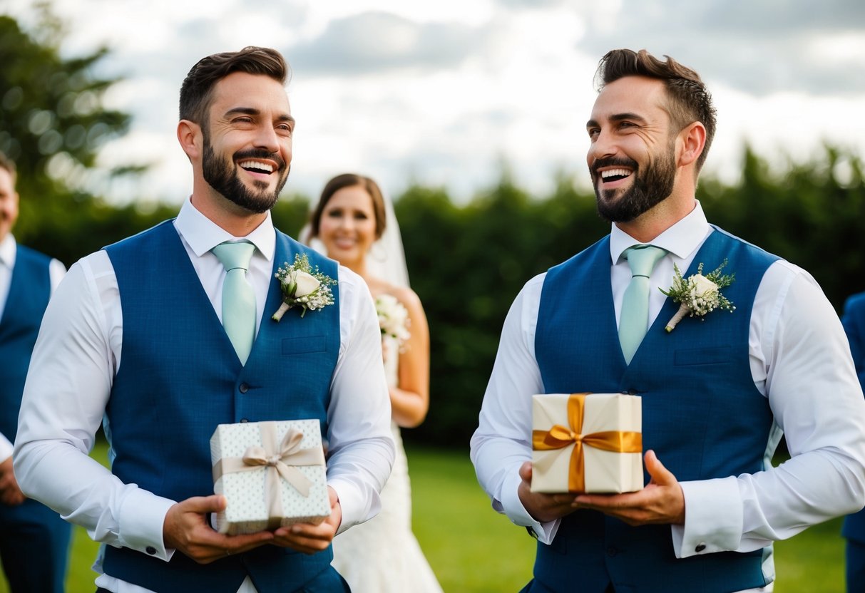 Two best men standing side by side, each holding a gift for the groom. They are both smiling and looking towards the bride and groom with joy