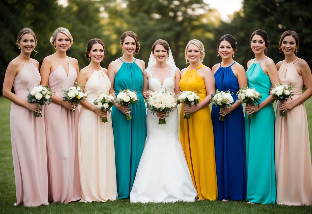 A group of wedding guests and bridesmaids standing together, each wearing a different color dress. The bridesmaids are in coordinating colors, while the guests wear a variety of different colors