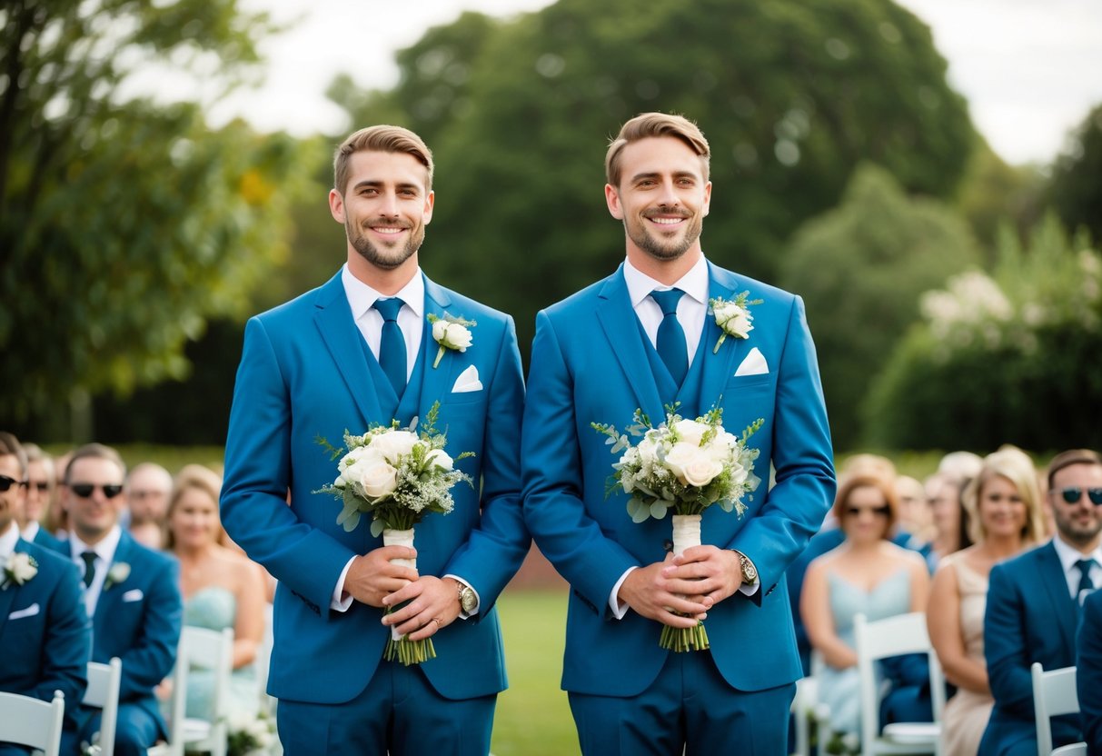 Two men stand side by side, both dressed in matching suits and holding bouquets. They both have proud smiles on their faces as they watch the wedding ceremony