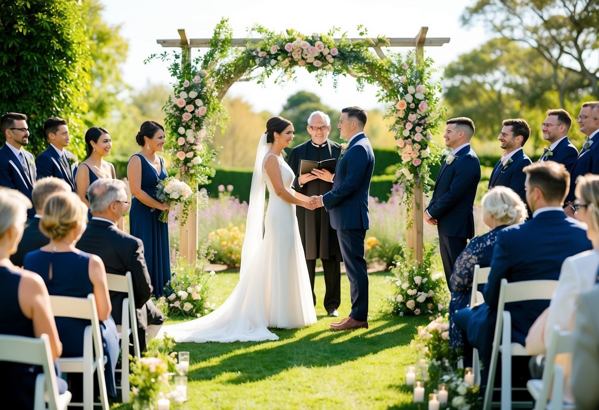 A couple stands beneath a floral arch in a sunlit garden, surrounded by a small group of guests. An officiant leads a brief and intimate wedding ceremony