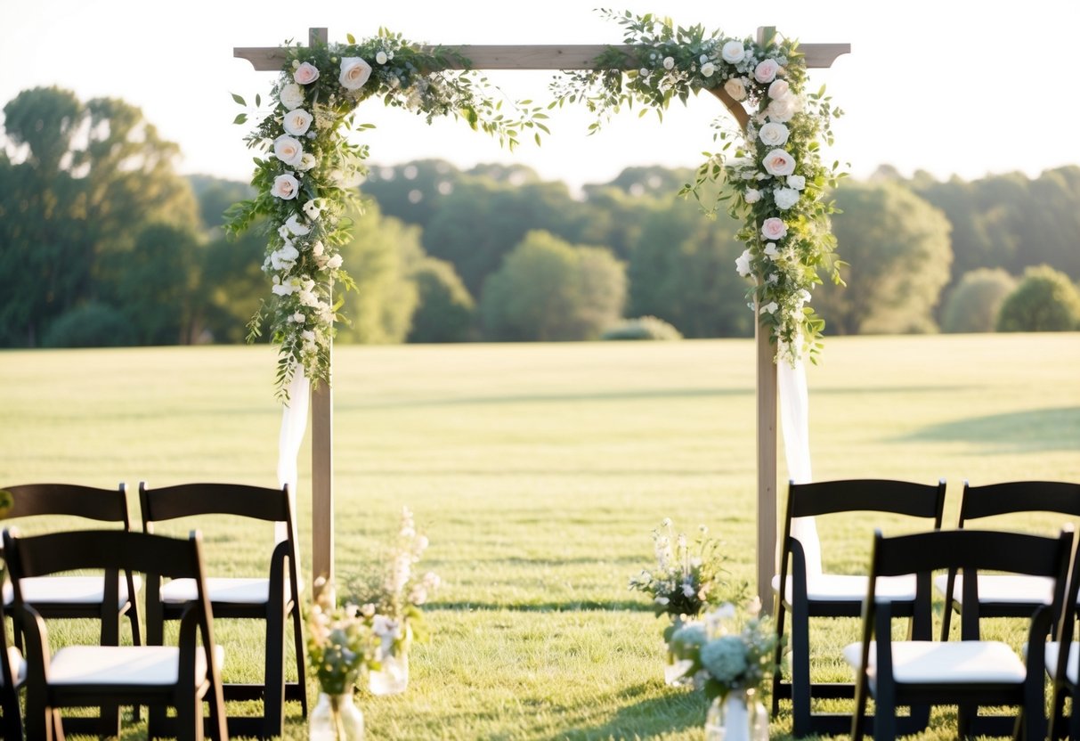 A serene outdoor setting with a simple arch adorned with flowers, surrounded by chairs for guests. A gentle breeze and soft sunlight create a peaceful atmosphere for a brief, intimate wedding ceremony