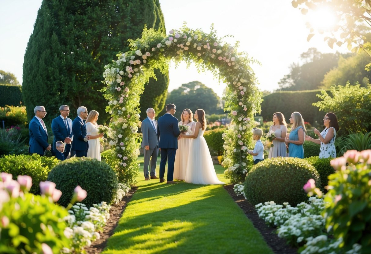 A sunlit garden with a flower-covered archway and a small gathering of family and friends