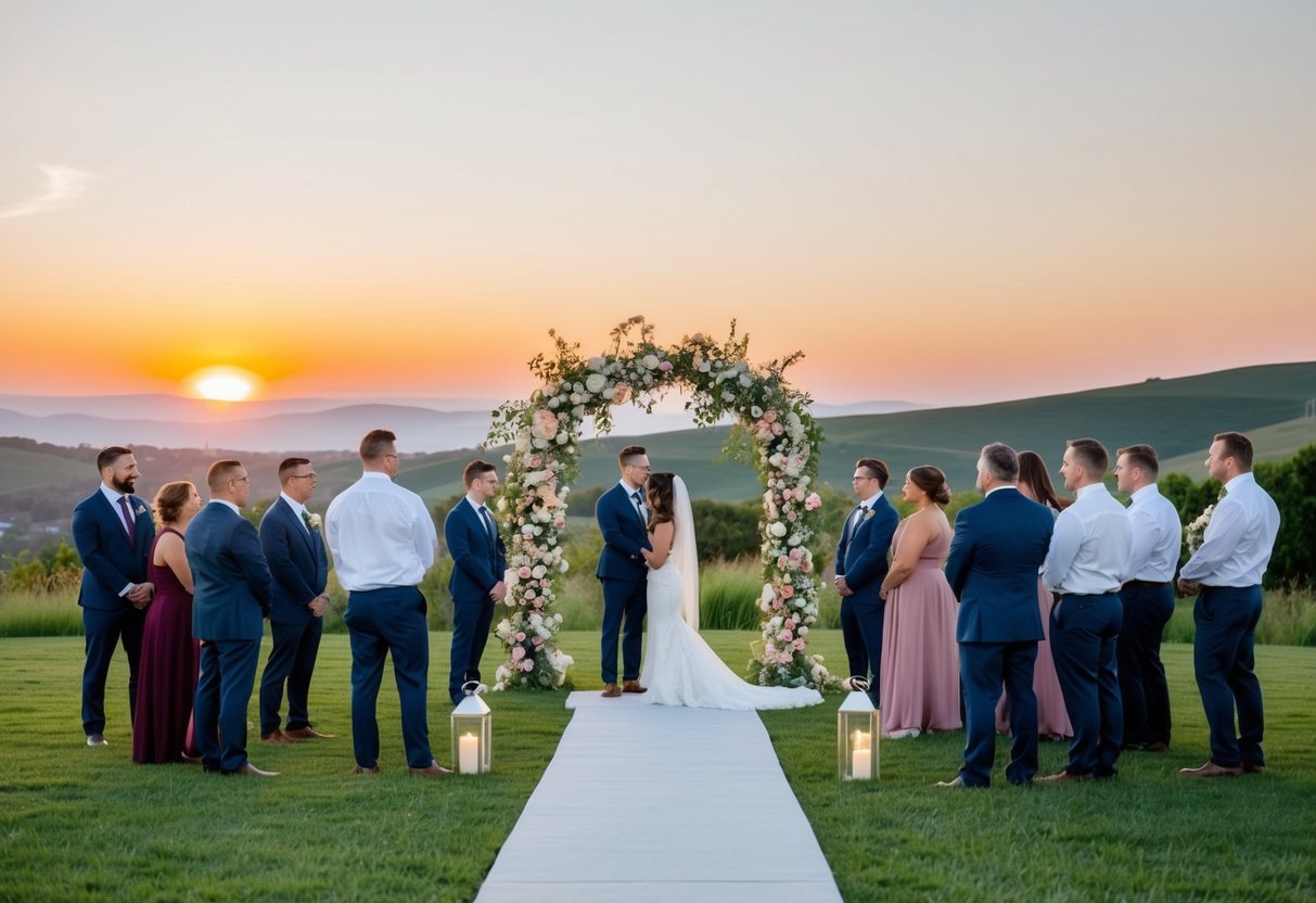 A floral archway frames a simple outdoor altar. A small group of guests gather as the sun sets behind rolling hills