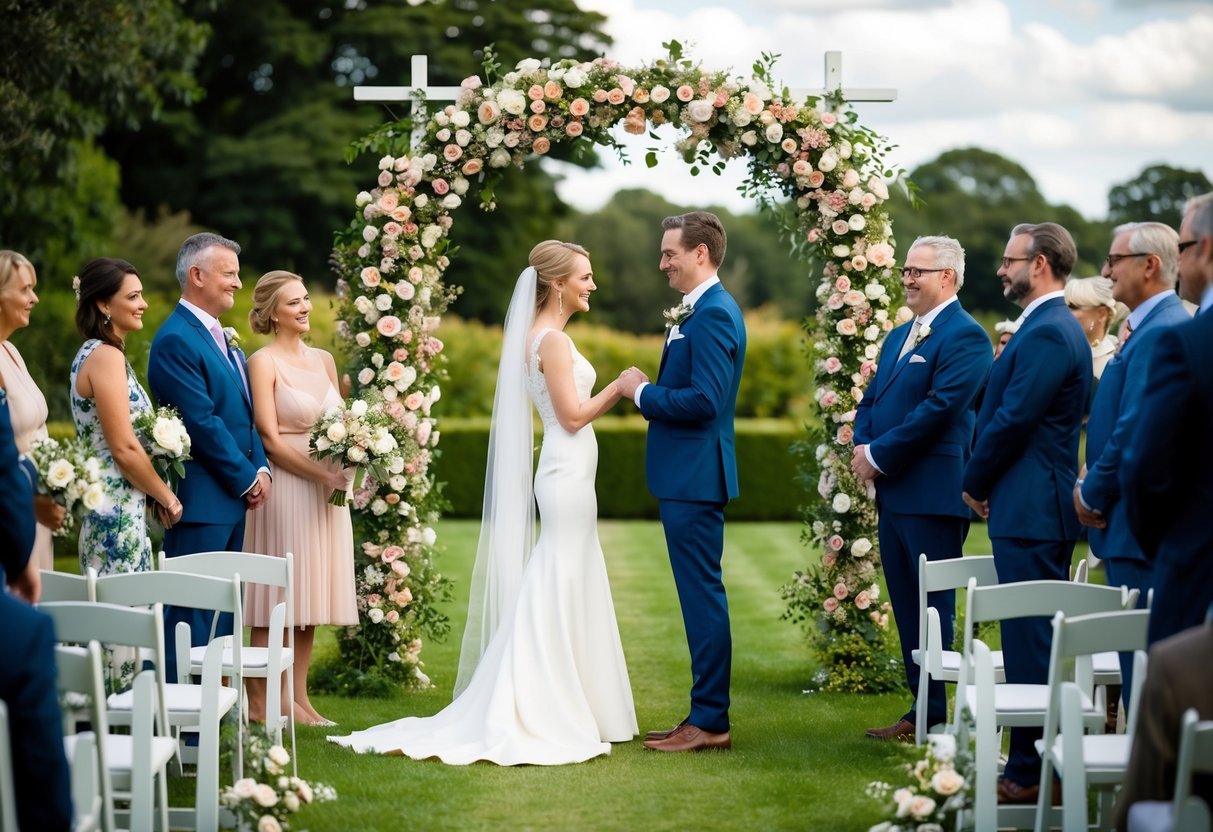 A couple stands in a garden under a floral arch, surrounded by friends and family, exchanging vows