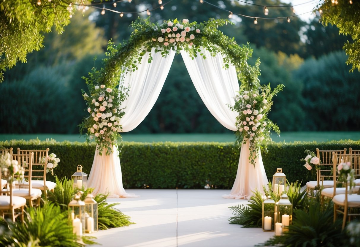 A beautifully decorated outdoor space with an arch adorned with flowers and flowing fabric, surrounded by lush greenery and twinkling lights