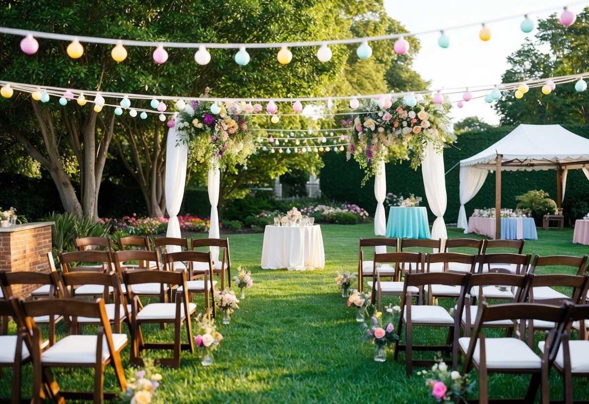 A colorful outdoor garden party with string lights, floral decorations, and a canopy for a vow renewal ceremony