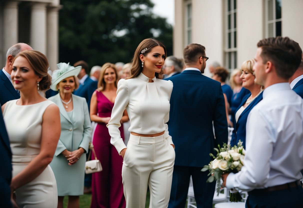 A woman in elegant trousers and a formal top stands among wedding guests
