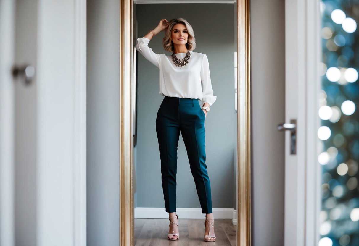 A woman in elegant trousers and a stylish blouse stands in front of a full-length mirror, adding the finishing touches to her ensemble with a statement necklace and a pair of strappy heels