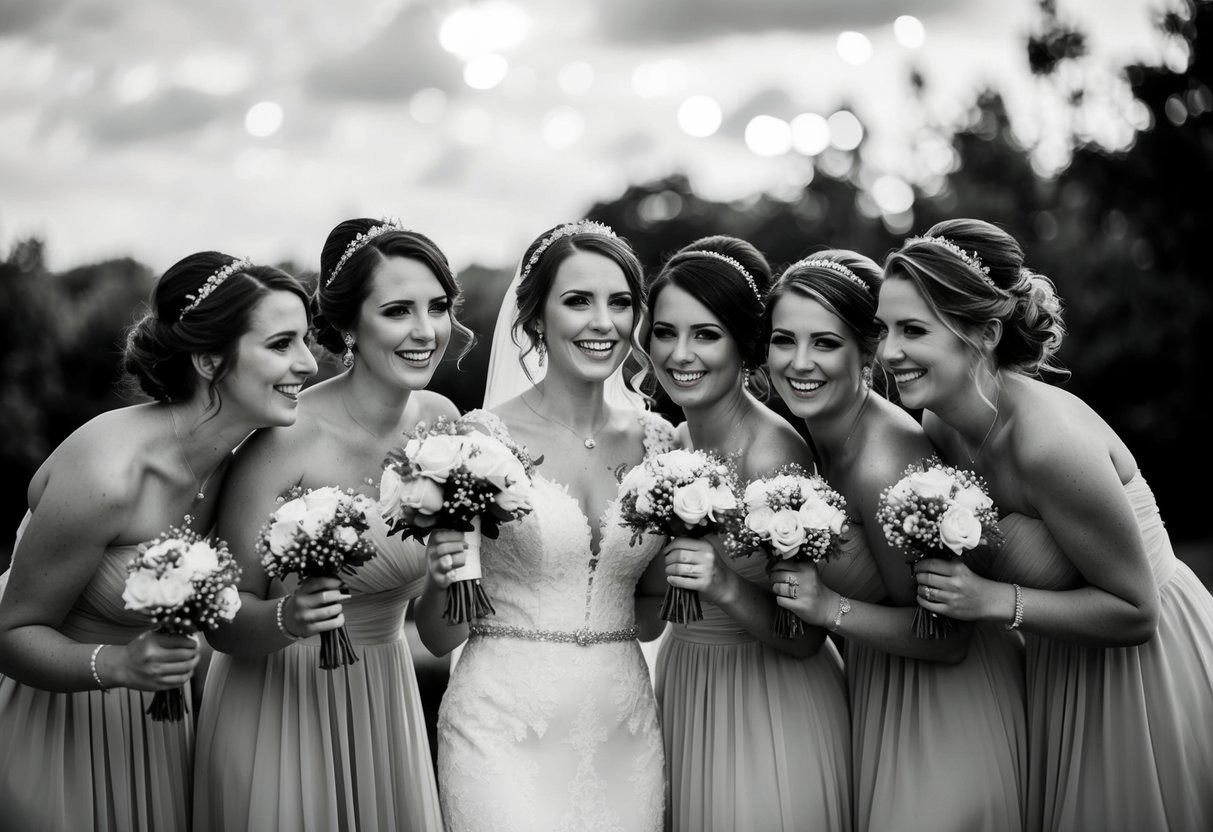 Bride and bridesmaids with matching hairstyles celebrating together