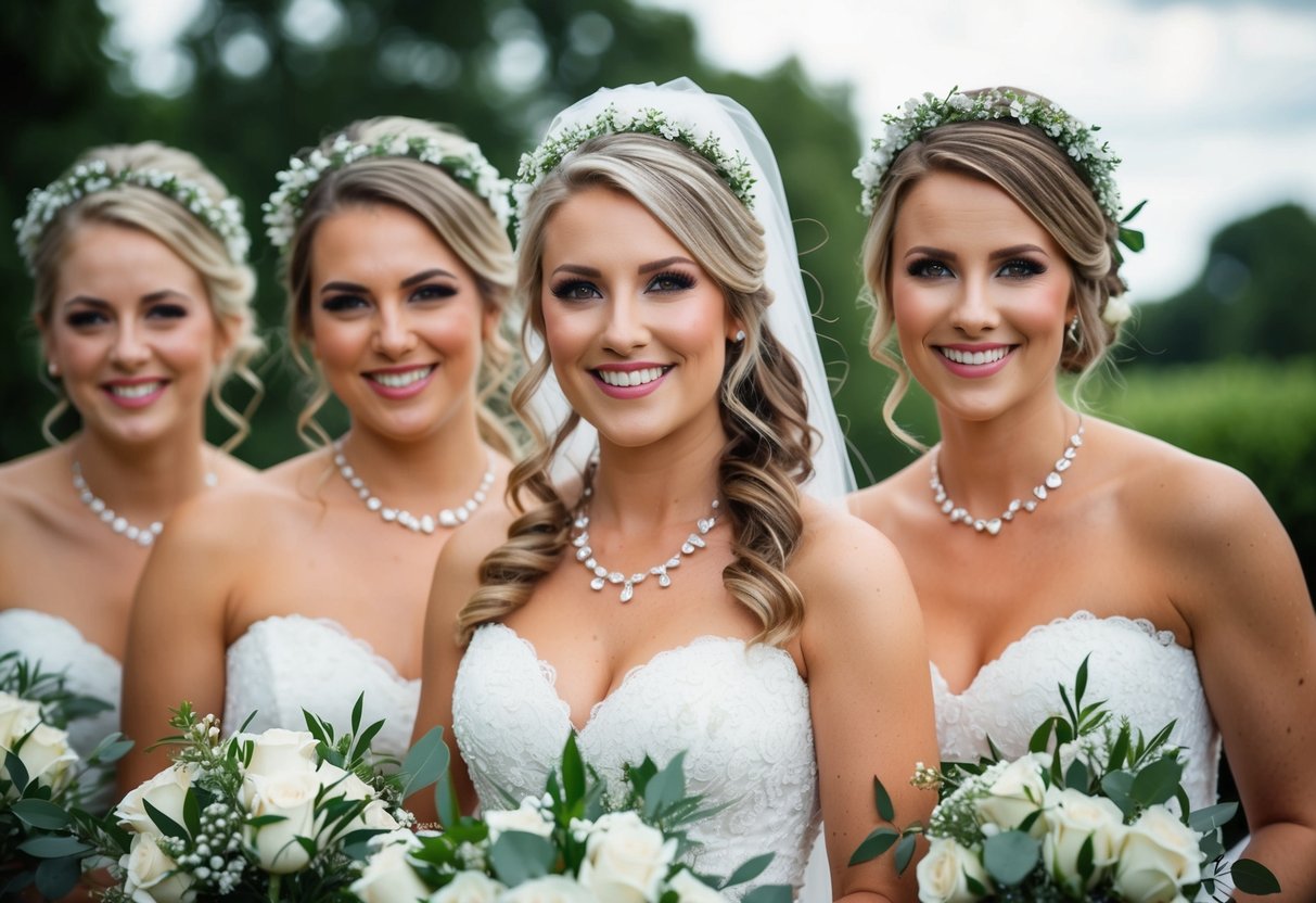 Bride and bridesmaids with matching hairstyles and accessories