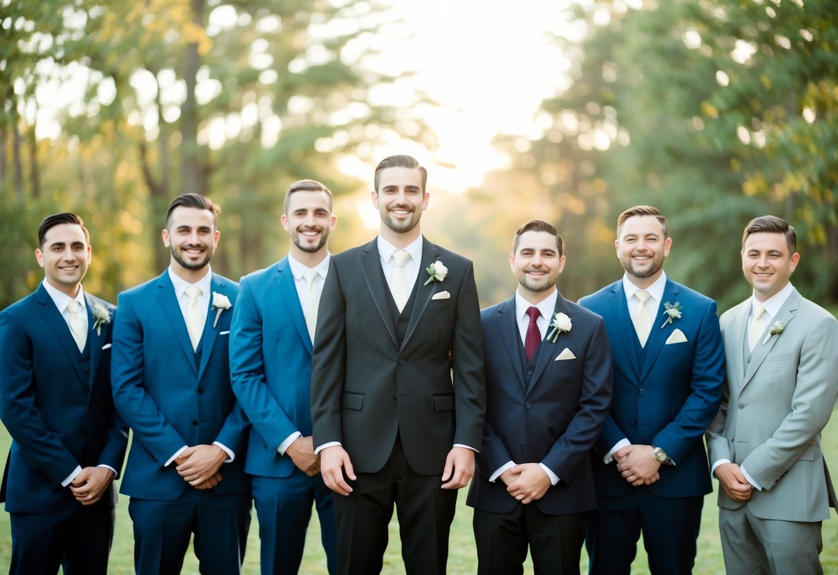 Groomsmen in various suits stand together, each wearing their own unique ensemble