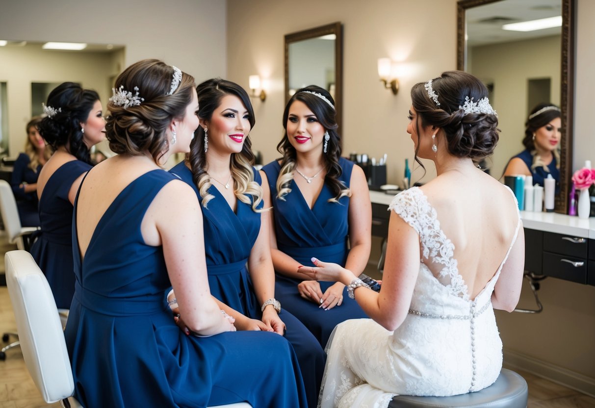 A bride and her bridesmaids sit in a salon, all with matching hairstyles, discussing their options for the big day