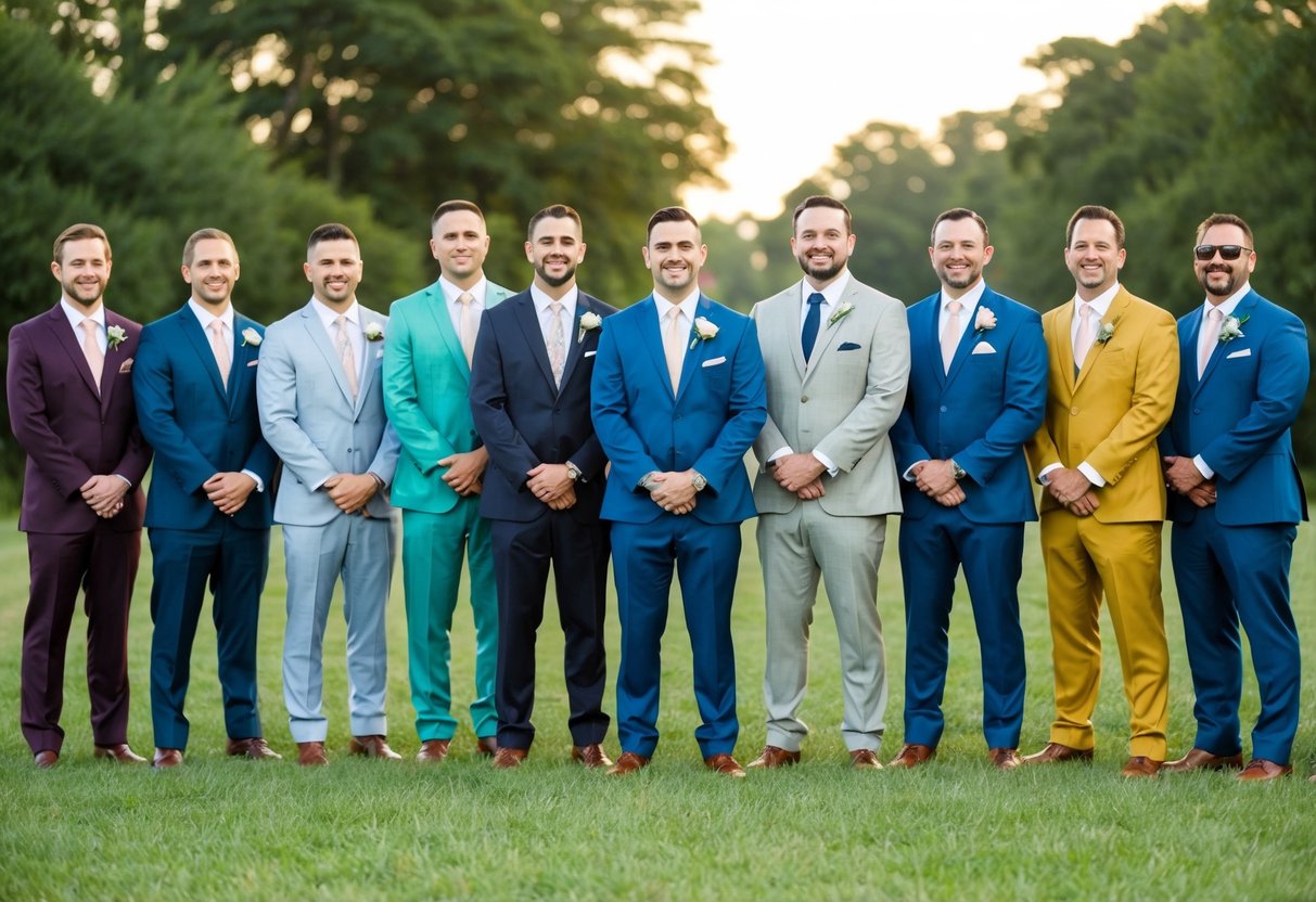 A group of groomsmen stand in a row, each wearing their own unique suit, showcasing a variety of colors, styles, and fabrics