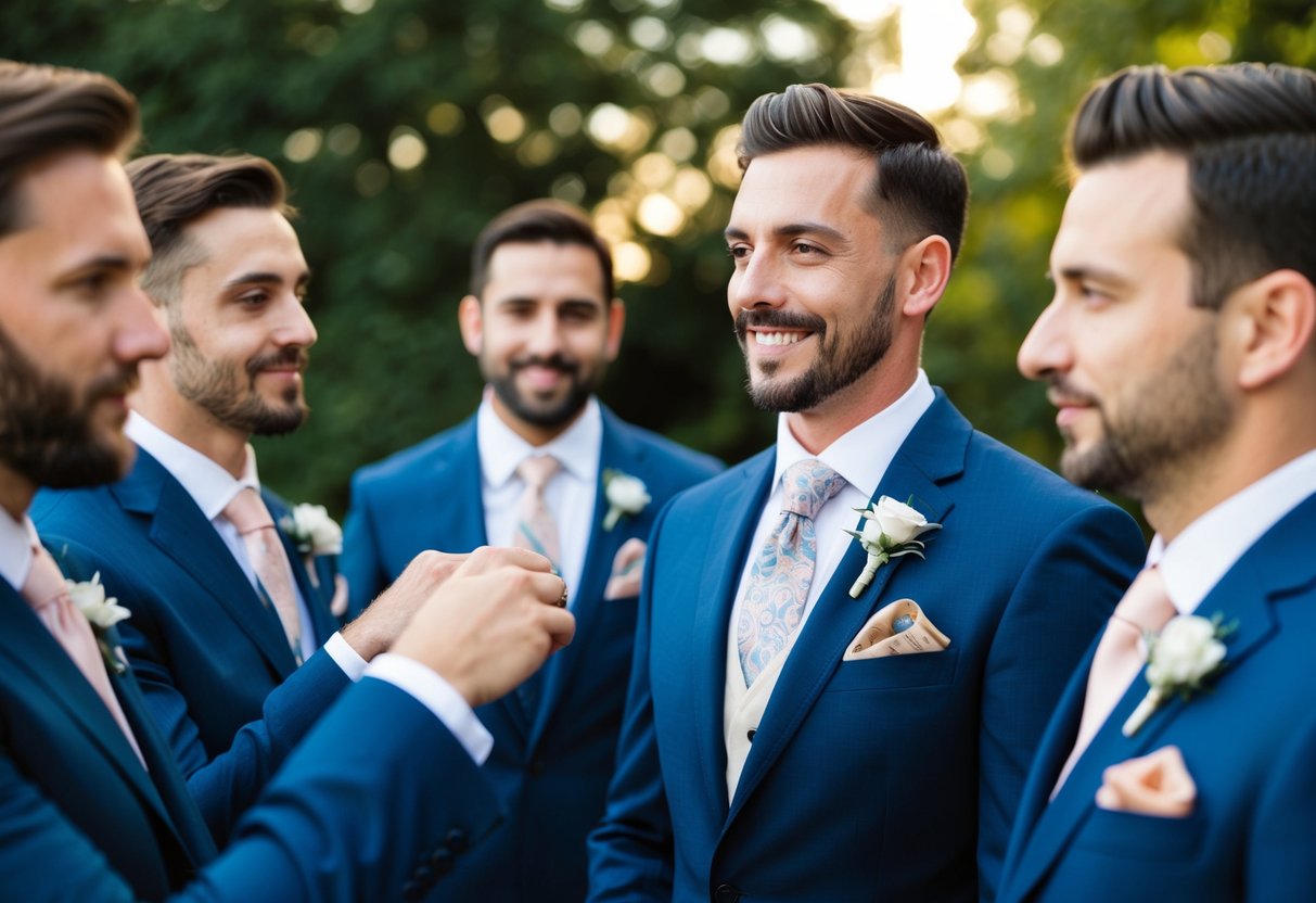 Groomsmen selecting accessories and accents for their suits, trying on different ties, cufflinks, and pocket squares