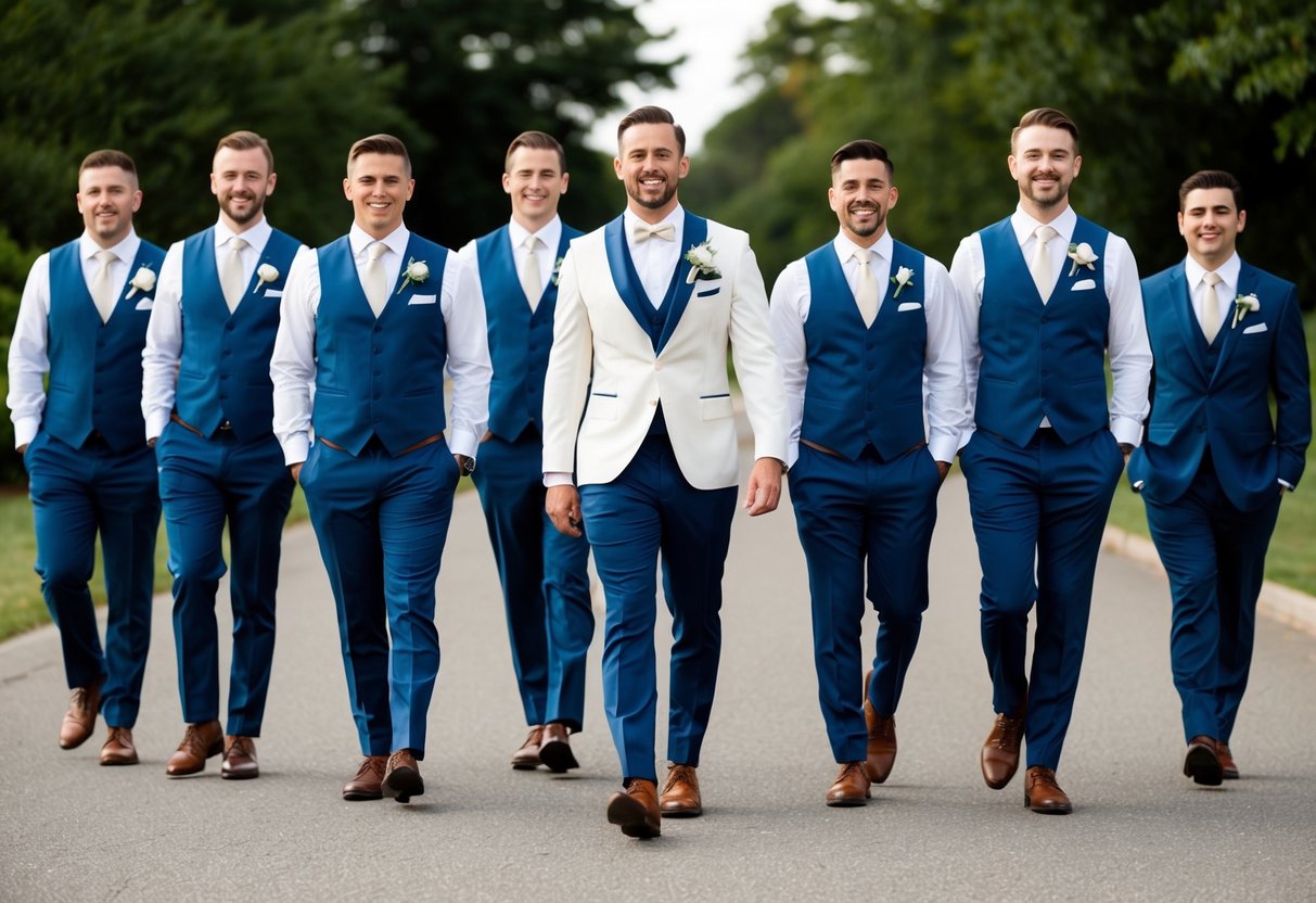 A group of groomsmen strolling confidently in a line, each with their own unique style and personality shining through their attire and posture