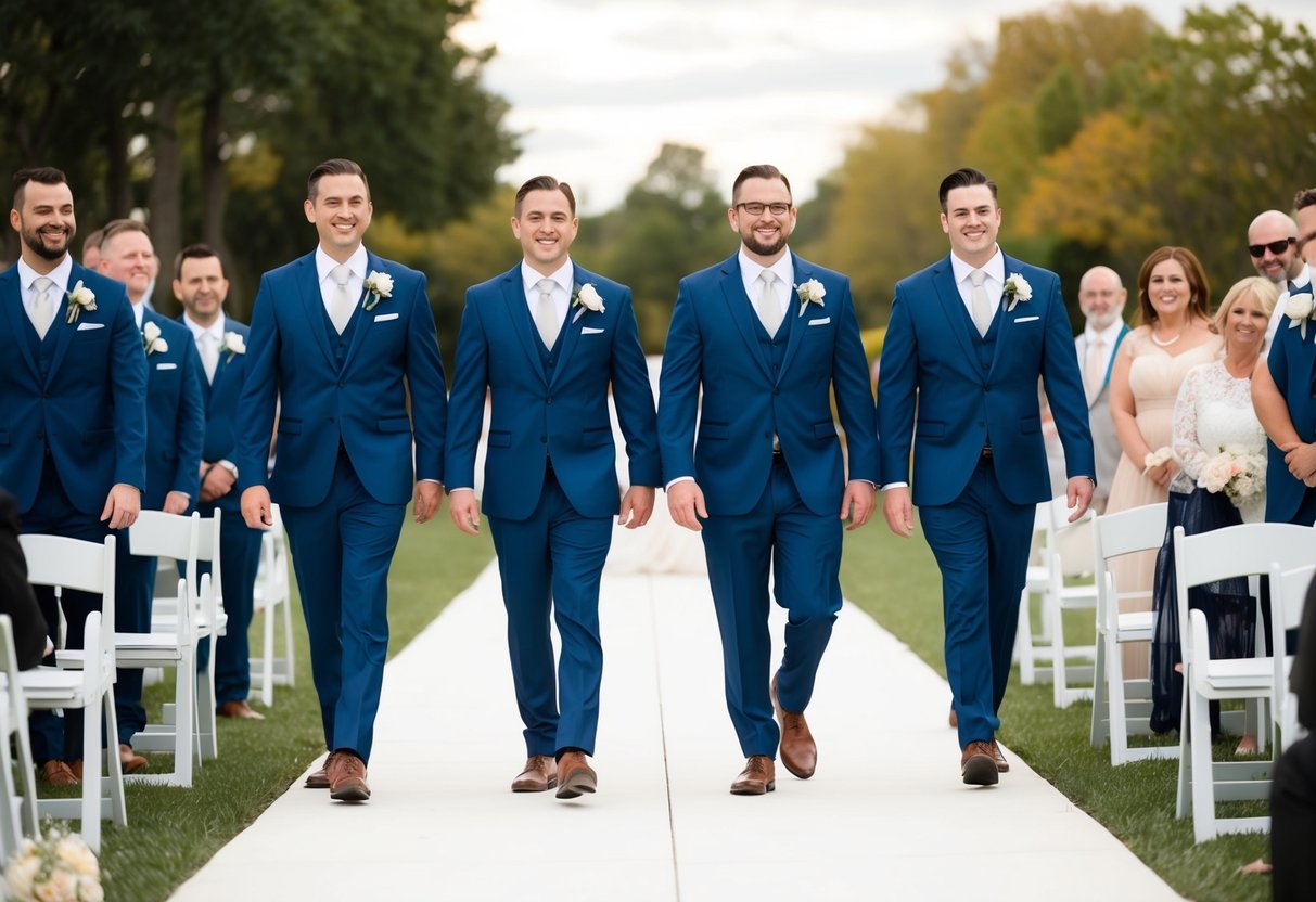 Groomsmen walk in pairs, flanking the aisle, as they lead the way for the bride and groom