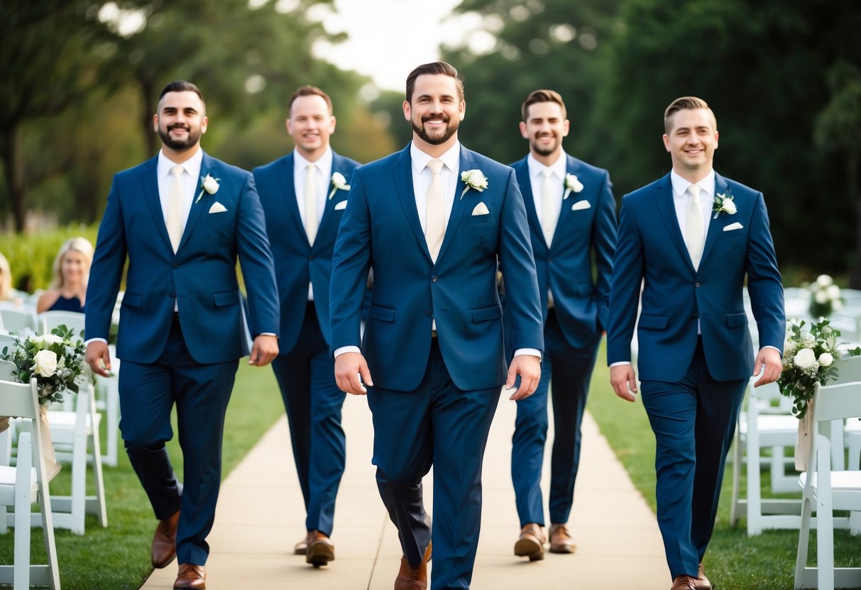 Groomsmen walking down the aisle in a processional, each one taking confident strides alone