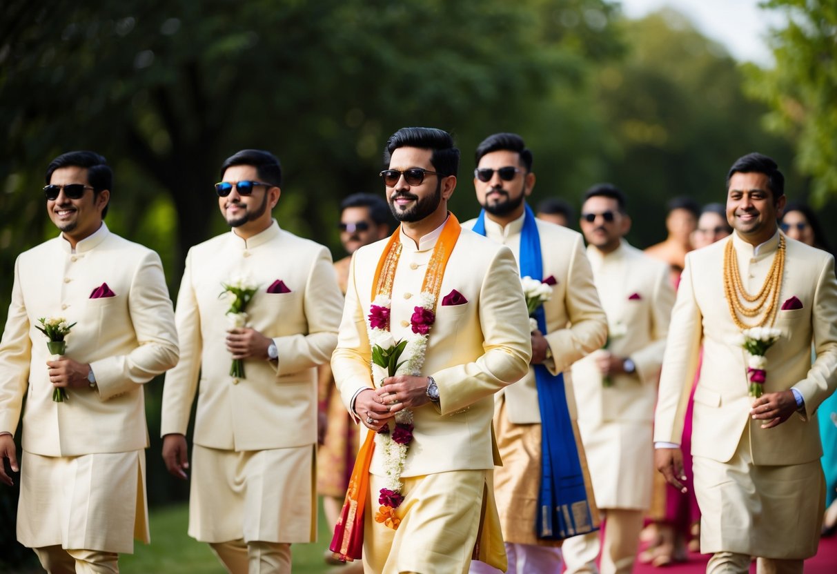 Groomsmen walking in a wedding processional, each holding a single flower, with varying cultural attire and accessories