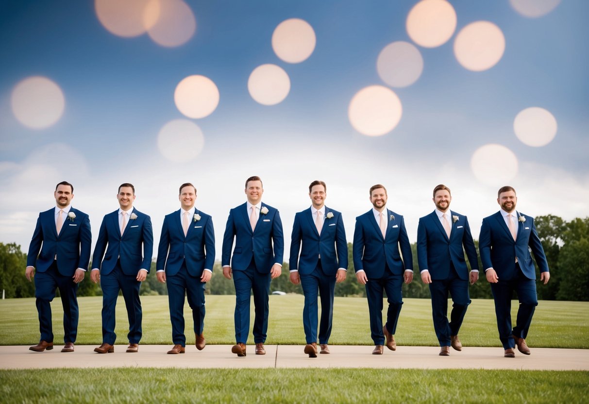 A group of groomsmen standing in a line, each walking confidently and independently, with a sense of coordination and purpose