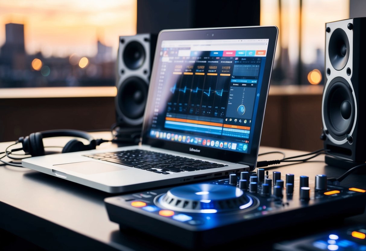 A person's laptop connected to a DJ mixer, with headphones and speakers nearby