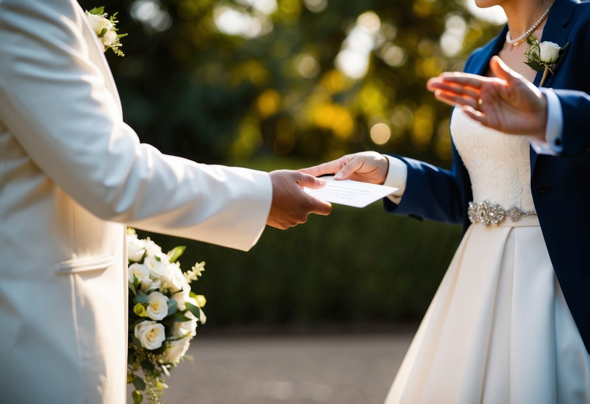 A figure extends an invitation to another figure, gesturing towards a wedding venue