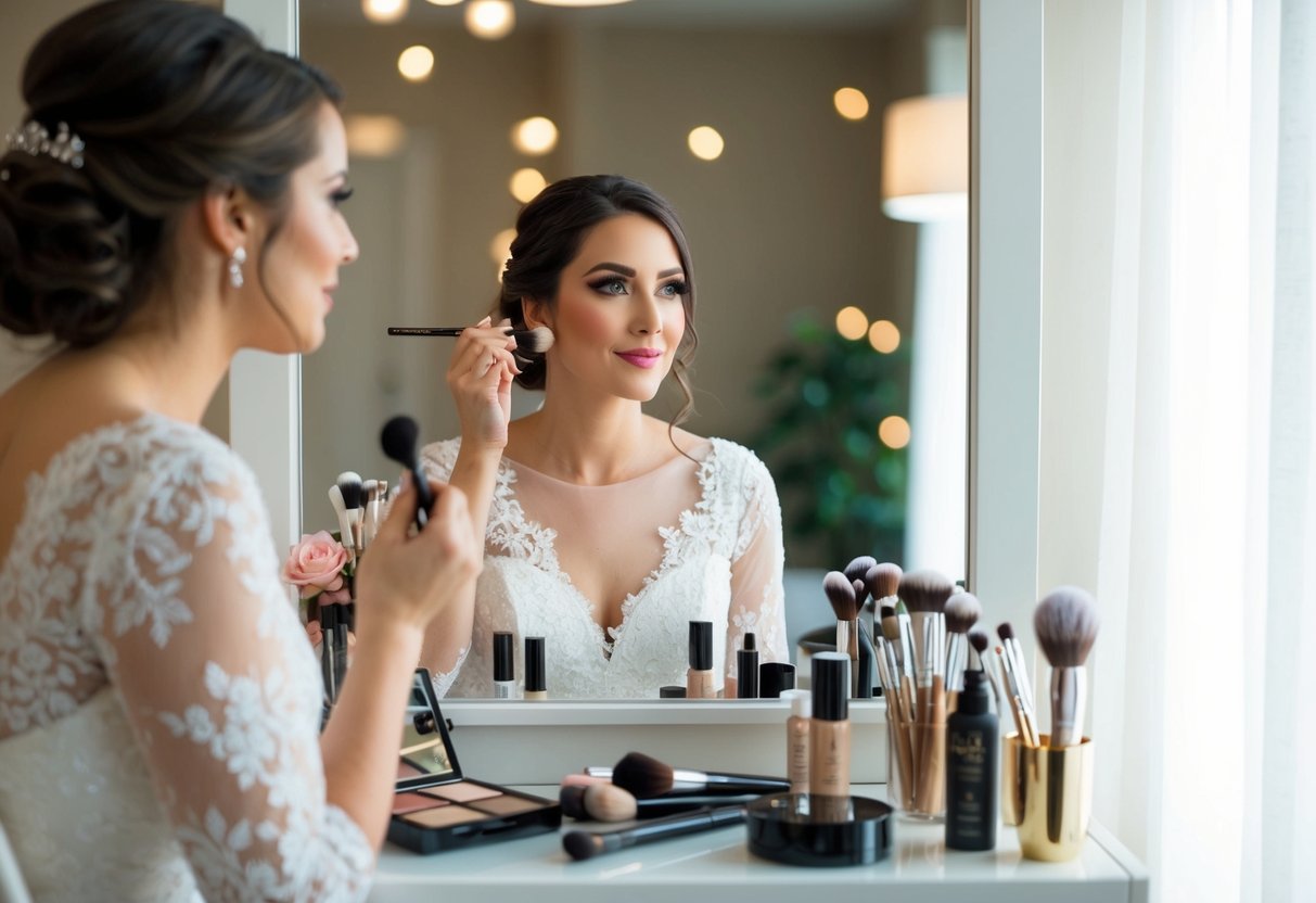 A bride sits at a vanity, surrounded by makeup products and brushes. She gazes into the mirror, applying makeup with precision and focus