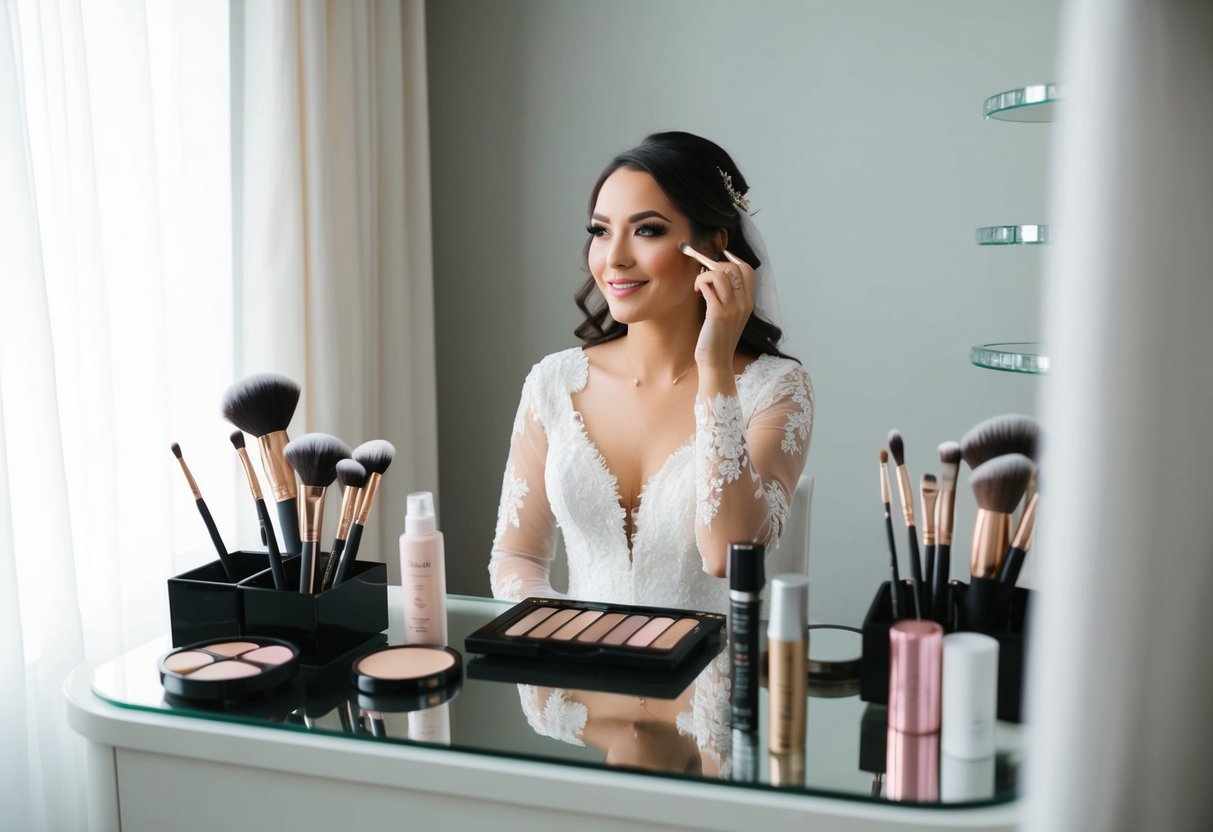 A bride sitting at a vanity, surrounded by makeup products and brushes, practicing different bridal makeup looks on herself