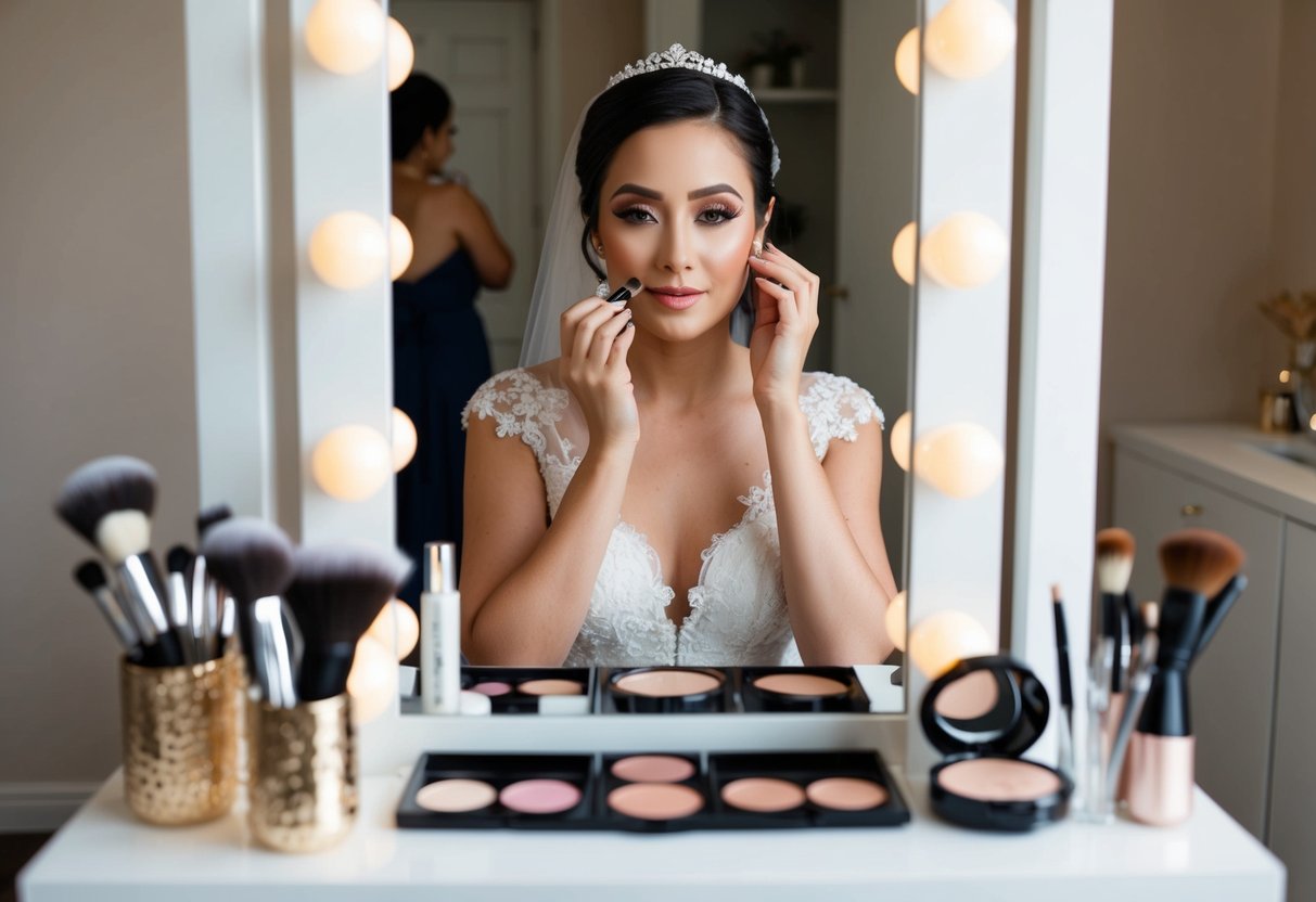 A bride sits at a vanity, surrounded by makeup and brushes. She carefully applies the final touches to her wedding day look, focusing on her eyes and lips