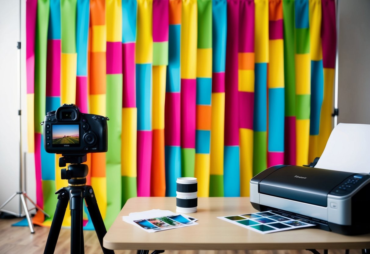 A colorful backdrop with props, a camera on a tripod, and a table with a printer and photo paper