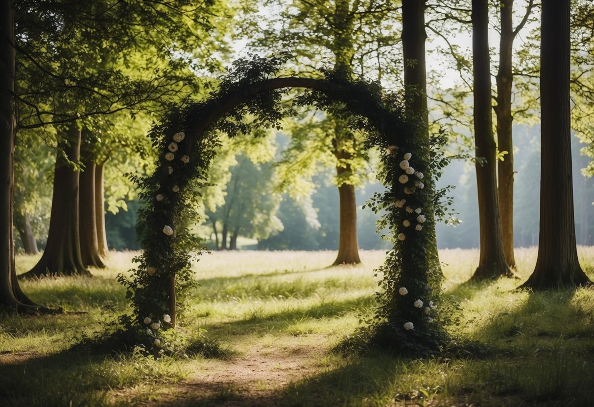A serene forest clearing with dappled sunlight filtering through the trees, a natural arch of foliage creating a picturesque backdrop for a woodland wedding ceremony in the UK