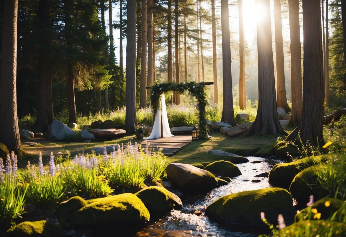 Sunlight filters through tall trees onto a clearing with a rustic wooden altar, surrounded by wildflowers and moss-covered rocks. A gentle stream meanders through the scene, creating a serene and enchanting forest wedding venue