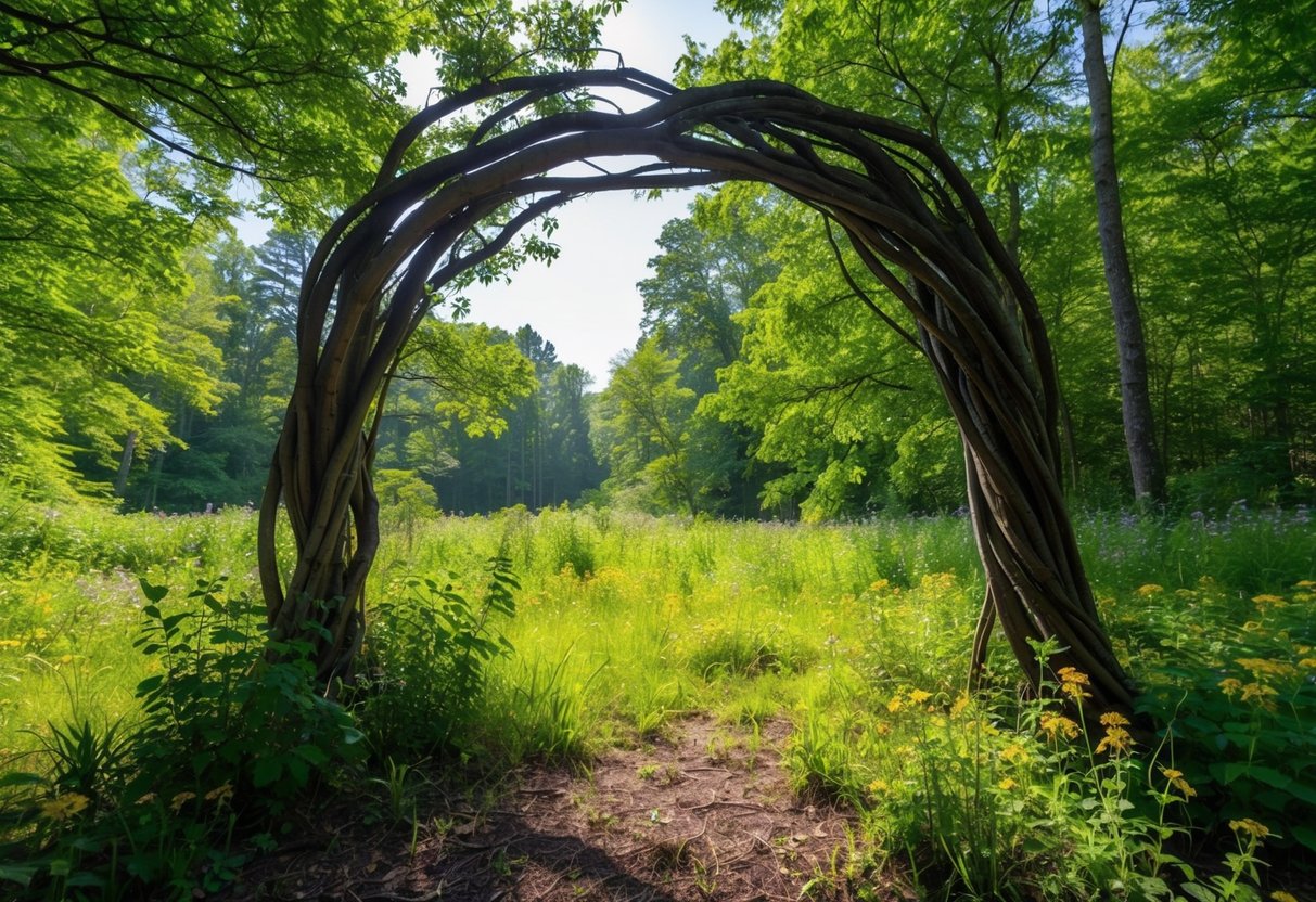A forest clearing with a natural archway of intertwined branches, surrounded by lush greenery and wildflowers. Sunlight filters through the canopy, casting dappled shadows on the ground