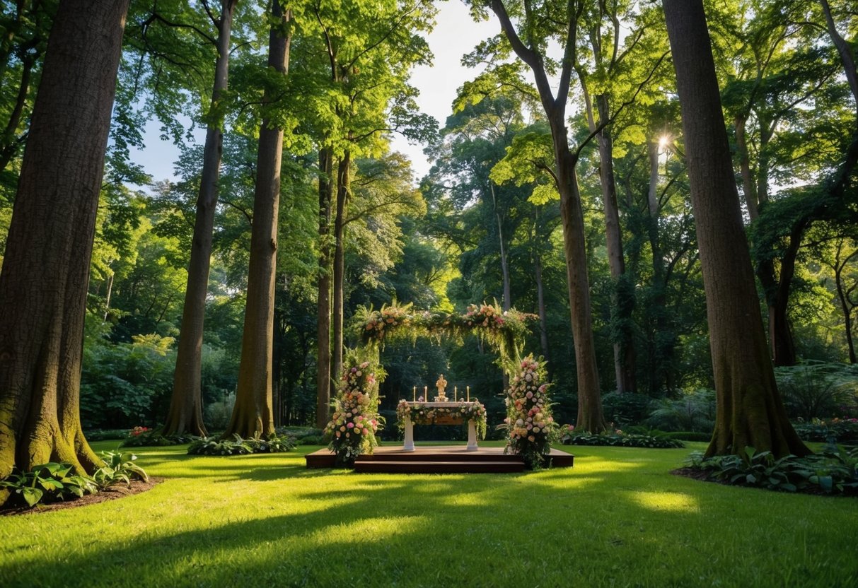 A lush forest clearing with a flower-adorned altar, surrounded by towering trees and dappled sunlight filtering through the canopy
