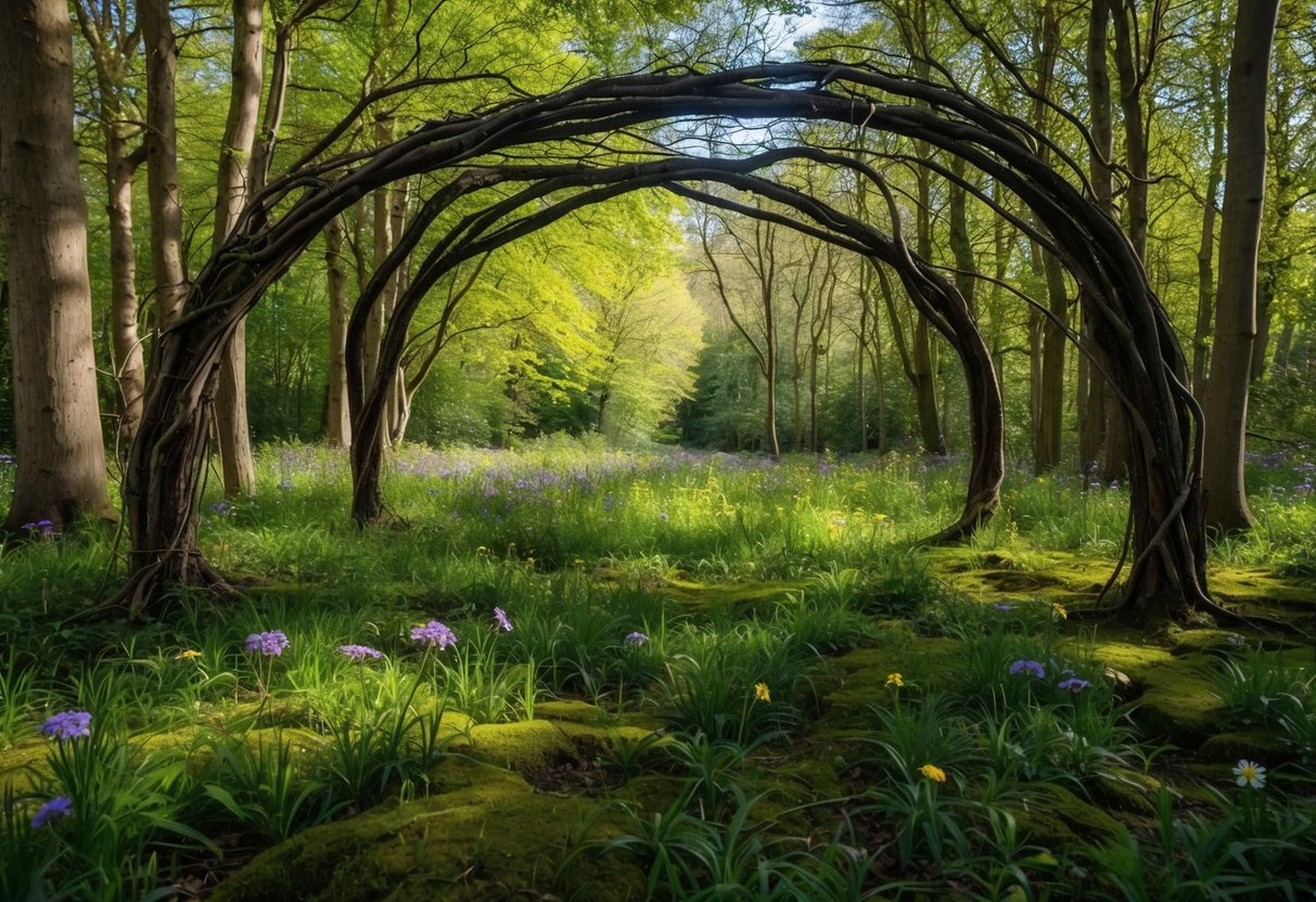 A lush forest clearing in the UK, with a natural archway of intertwined branches and wildflowers scattered across the ground. Sunlight filters through the canopy, casting dappled shadows on the mossy forest floor