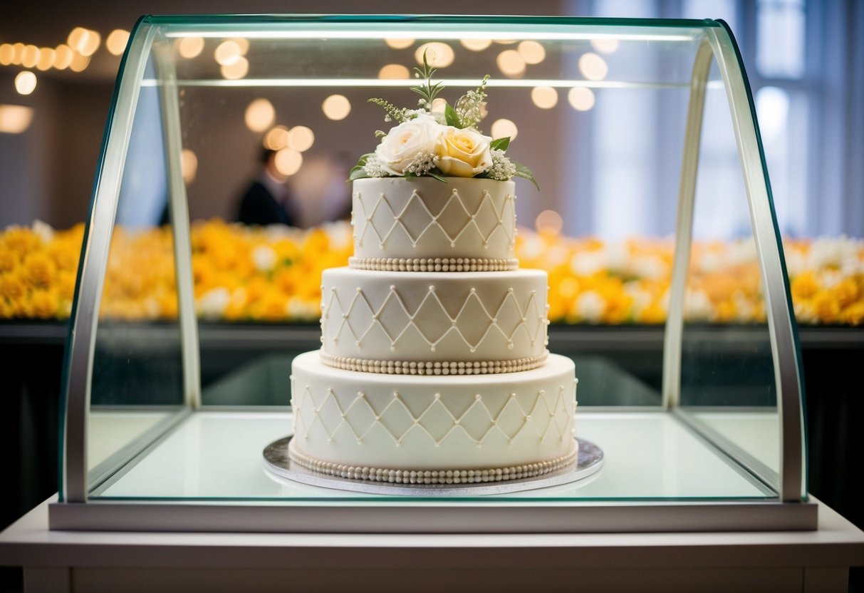 A beautifully decorated wedding cake sits inside a sealed glass display case, untouched for a year
