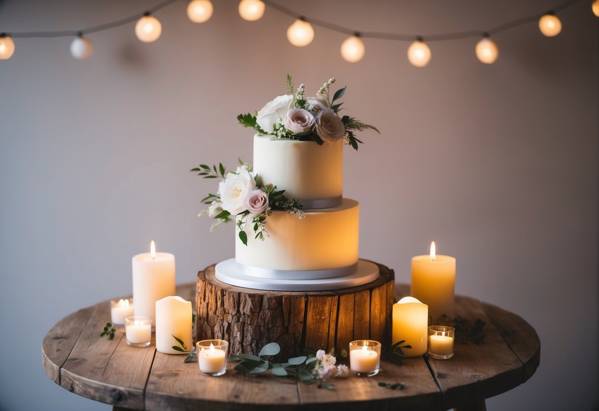 A wedding cake sitting atop a rustic wooden table, adorned with elegant floral decorations, surrounded by soft candlelight