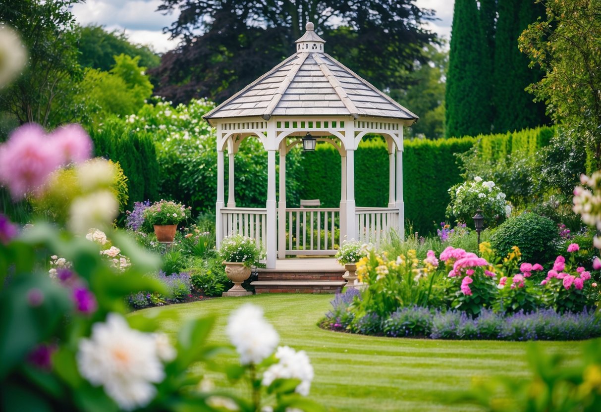 A lush garden in the UK with a charming gazebo, blooming flowers, and a picturesque backdrop for a wedding ceremony