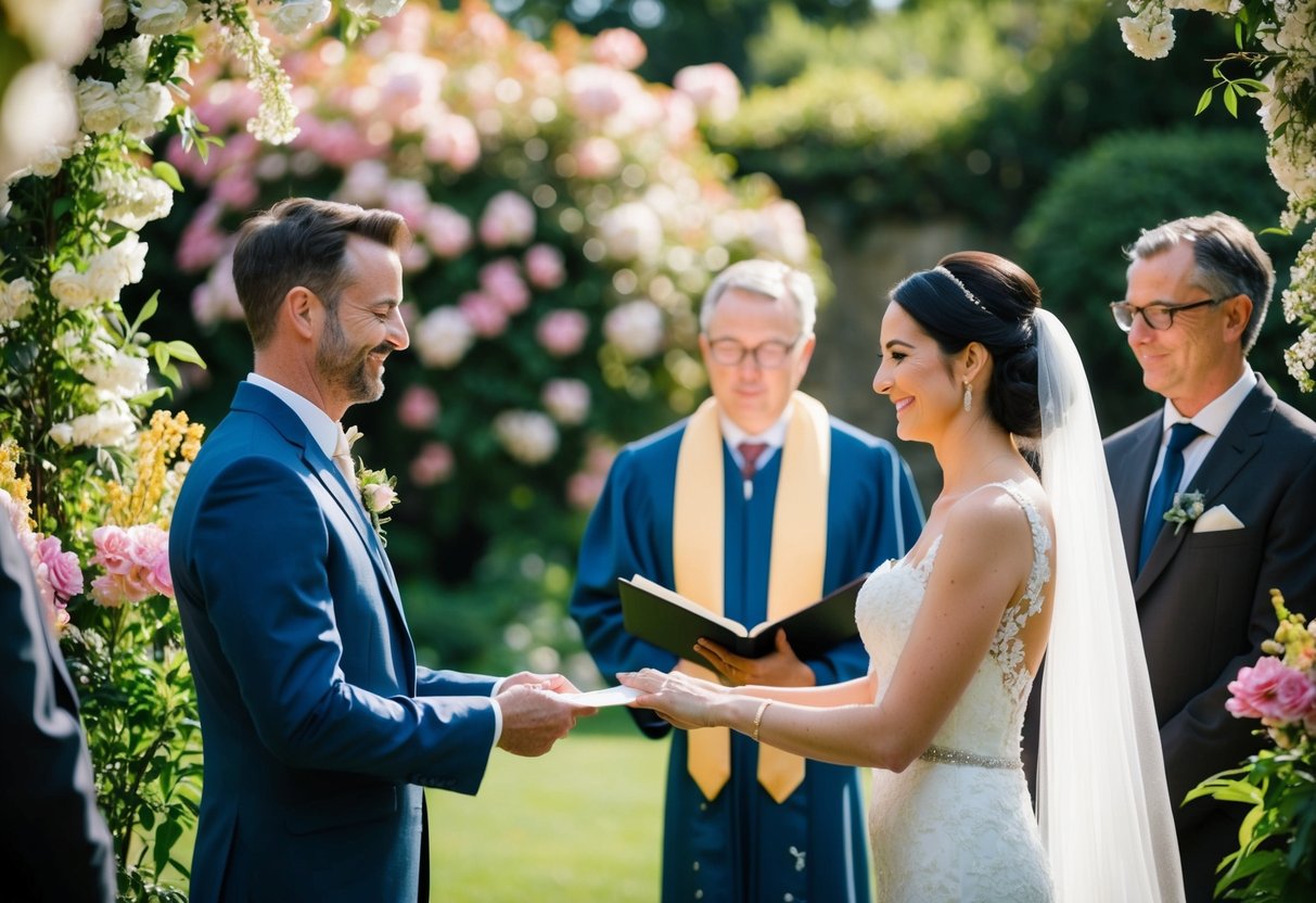 A couple exchanging vows in a lush garden, surrounded by blooming flowers and greenery. A celebrant stands nearby, overseeing the intimate ceremony