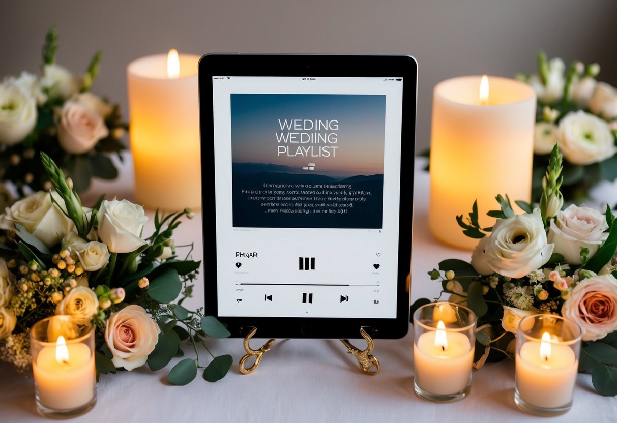 A wedding playlist displayed on a sleek digital device, surrounded by elegant floral arrangements and soft candlelight