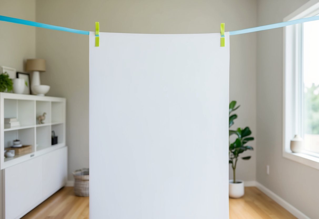 A backdrop hanging from command strips in a clean, well-lit room with minimal clutter and neutral decor