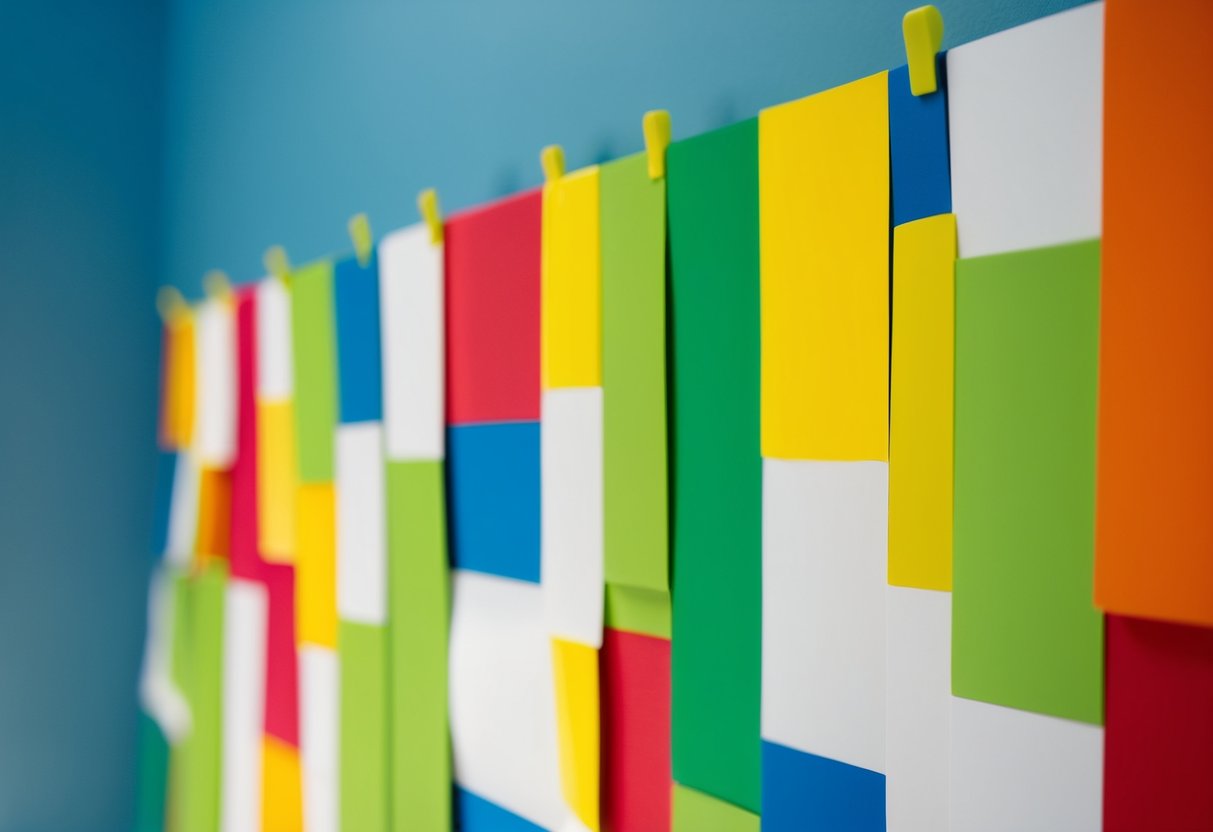 A colorful backdrop hanging securely from the wall using Command Strips, with no visible damage or residue